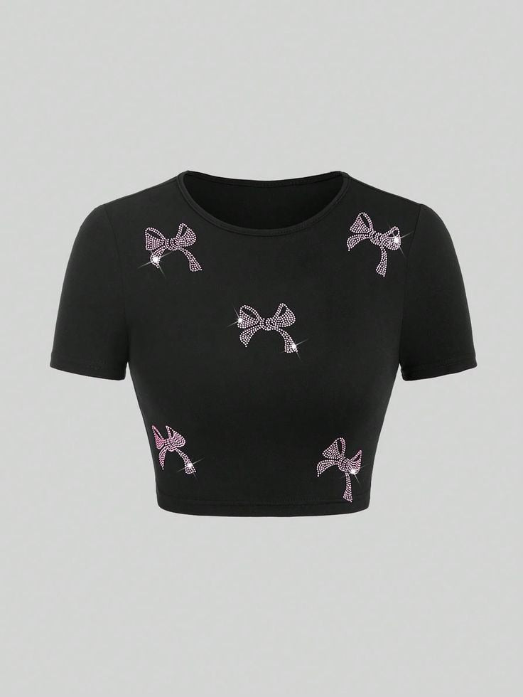 Y2K Pink Rhinestone Bow Crop Top - Black Coquette Aesthetic Baby Tee