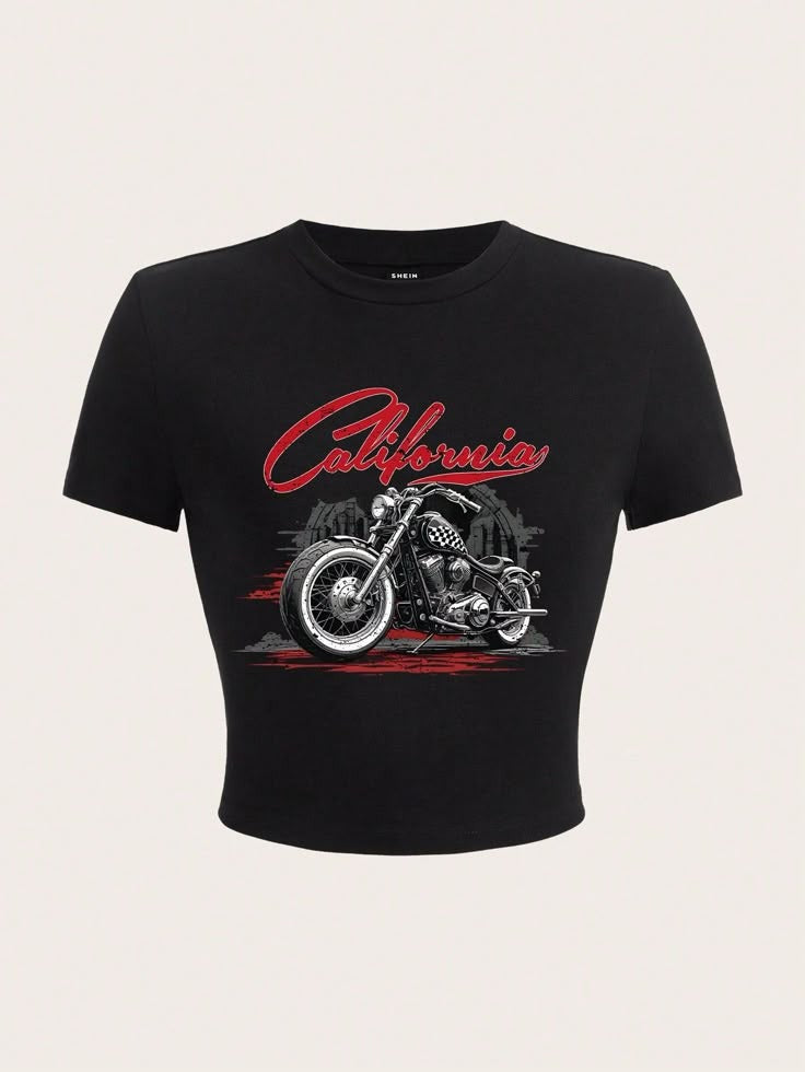 Vintage California Motorcycle Crop Top - Black Grunge Biker Baby Tee