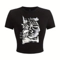 Abstract Grunge Star Face Crop Top - Black Y2K Indie Graphic Baby Tee