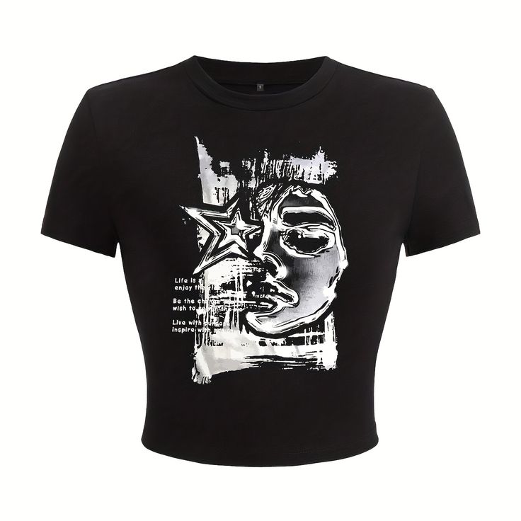 Abstract Grunge Star Face Crop Top - Black Y2K Indie Graphic Baby Tee