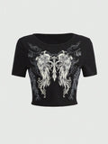 Cyber Y2K Winged Gothic Cross Crop Top - Black Grunge Graphic Tee