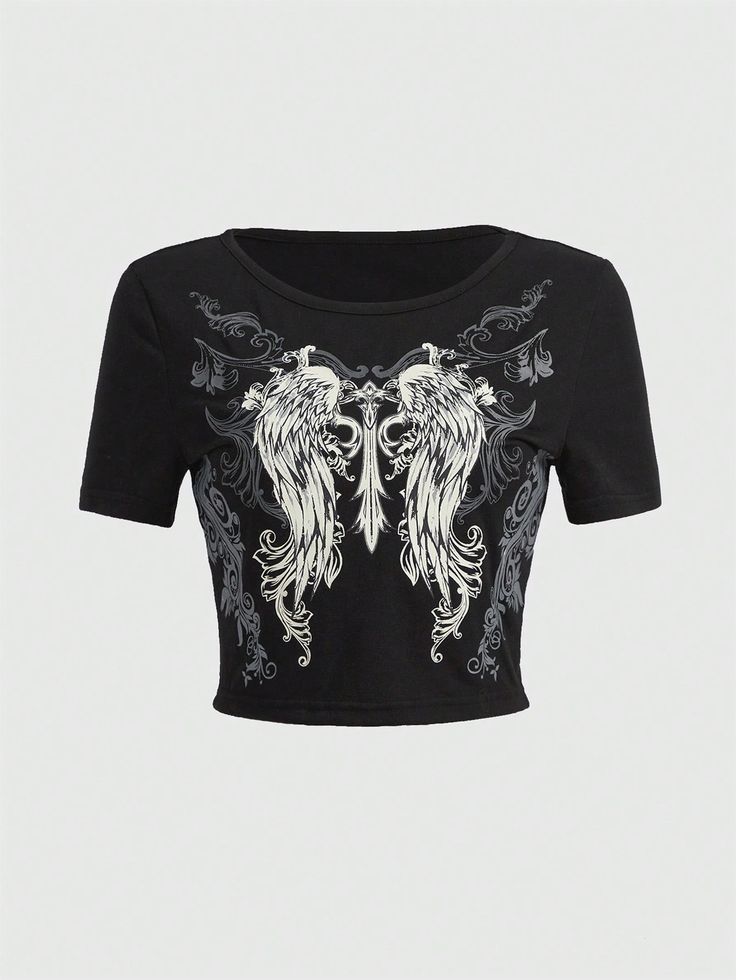 Cyber Y2K Winged Gothic Cross Crop Top - Black Grunge Graphic Tee
