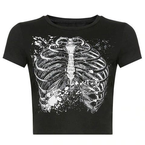 Gothic Splatter Skeleton Ribcage Crop Top - Black Grunge Baby Tee