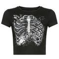 Gothic Splatter Skeleton Ribcage Crop Top - Black Grunge Baby Tee