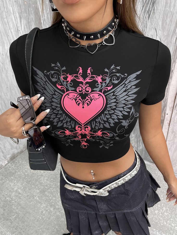 Cyber Y2K Winged Baroque Heart Crop Top - Black Grunge E-Girl Tee