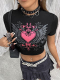 Cyber Y2K Winged Baroque Heart Crop Top - Black Grunge E-Girl Tee
