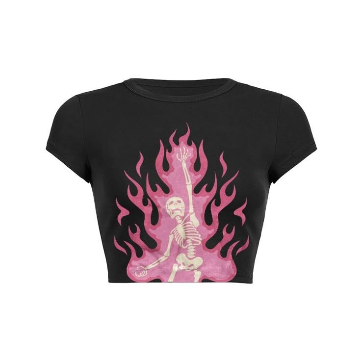 Y2K Pastel Goth Dancing Flame Skeleton Crop Top - Black Graphic Baby Tee
