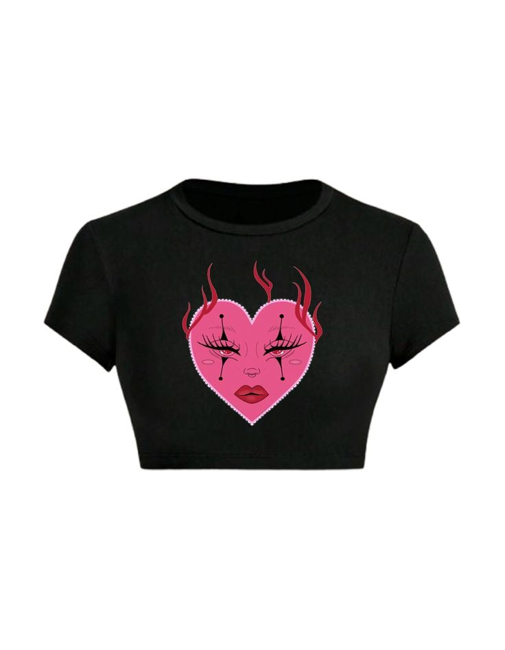 Gothic Skeleton Ribcage Heart Crop Top - Black Grunge Baby Tee