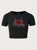 Cyber Y2K Metal Winged Star Crop Top - Black Alt Graphic Tee
