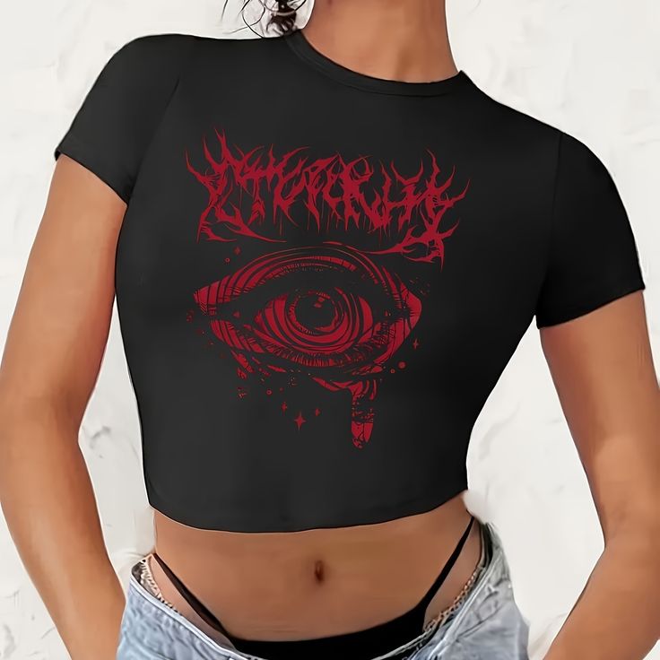 Y2K Red Dragon Crop Top - Black Traditional Graphic Tee