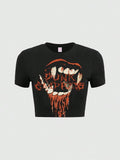 Gothic Vampire Fangs Crop Top - Black Punk Graphic Tee