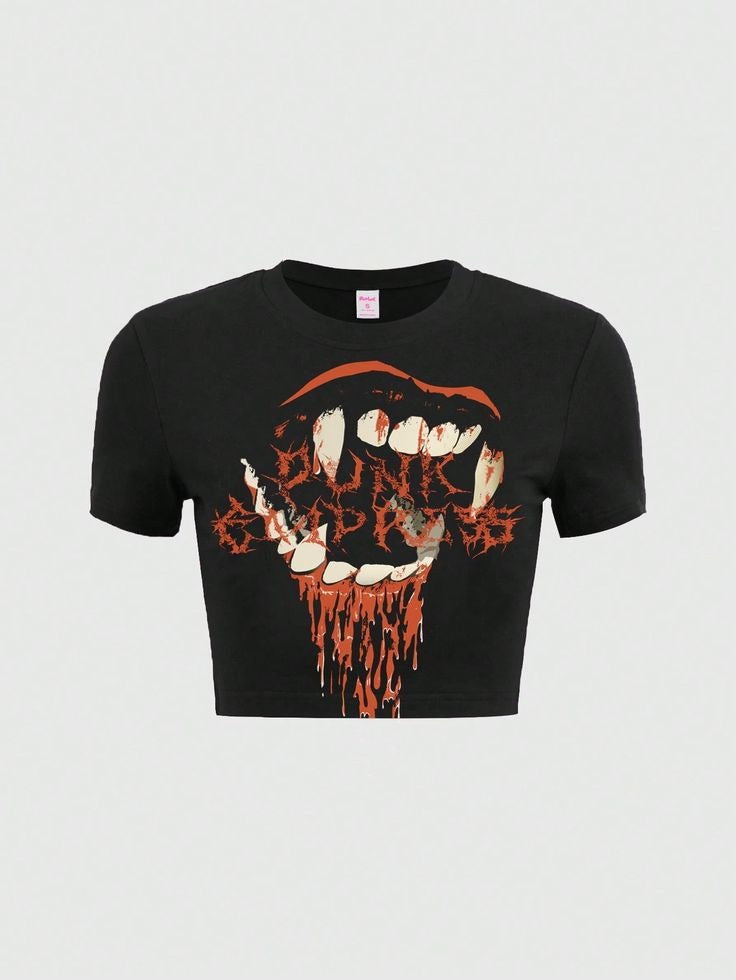 Gothic Vampire Fangs Crop Top - Black Punk Graphic Tee