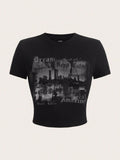 Y2K Vintage City Skyline Crop Top - Black Grunge Graphic Tee