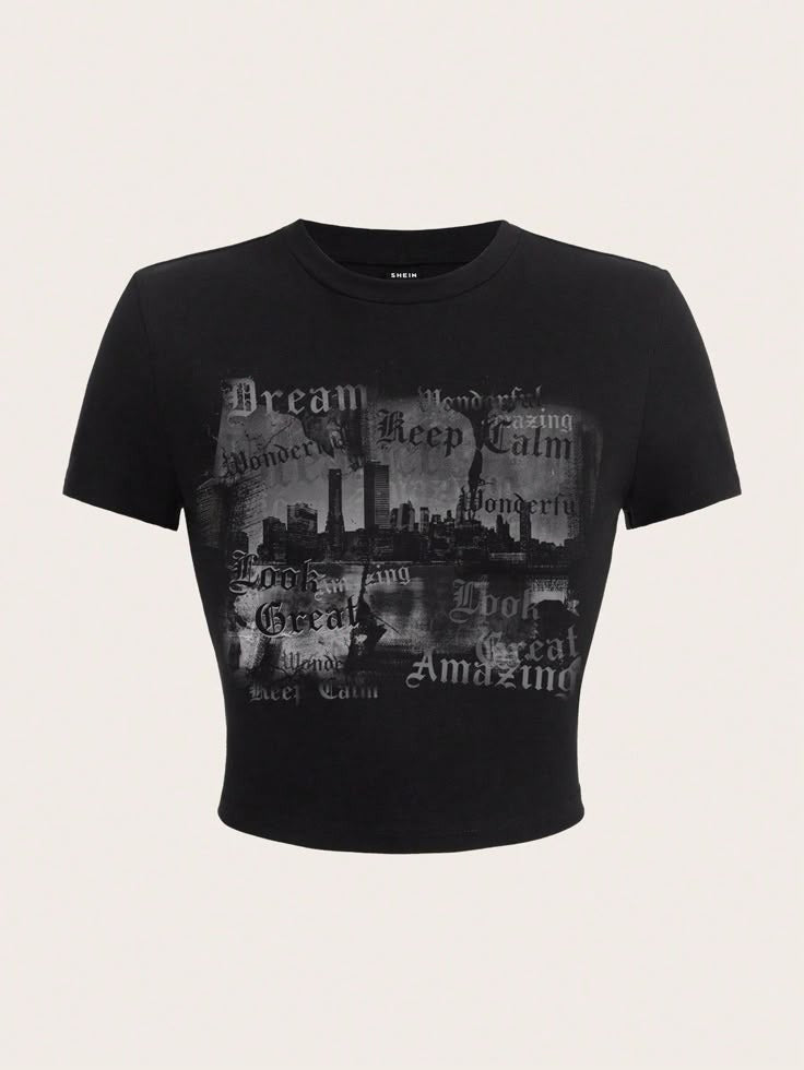 Y2K Vintage City Skyline Crop Top - Black Grunge Graphic Tee