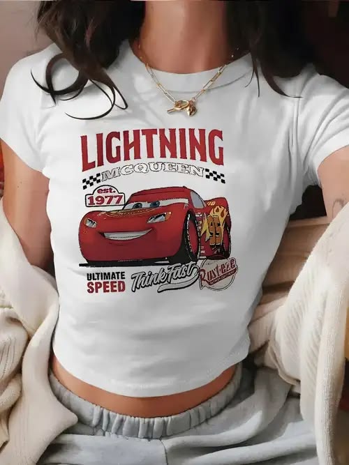 Retro Lightning McQueen Crop Top - White Y2K Racing Graphic Tee