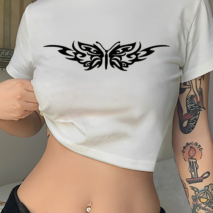 Cyber Y2K Tribal Butterfly Crop Top - White Graphic Baby Tee