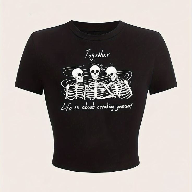 Wholesome Goth Skeleton Trio Quote Crop Top - Black Alt Graphic Baby Tee