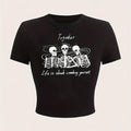 Wholesome Goth Skeleton Trio Quote Crop Top - Black Alt Graphic Baby Tee