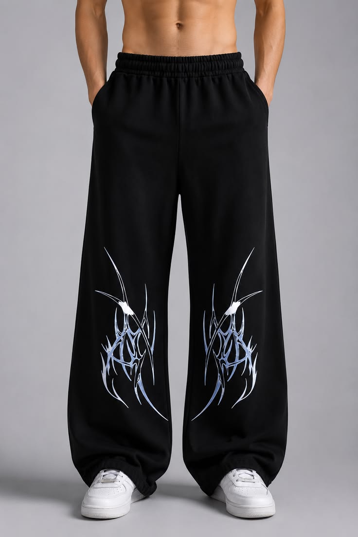 Blue & Silver Tribal Graphic Print Black Joggers | Streetwear