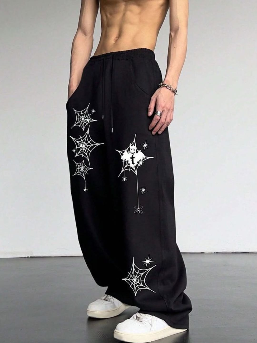 Spiderweb and Star Graphic Print Black Baggy Joggers | Streetwear