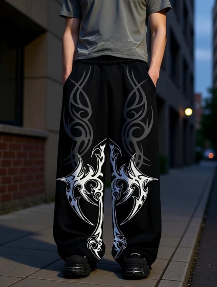 "Tribal Cross" Graphic Oversized Black Sweatpants