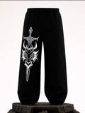 Dragon & Sword Graphic Print Black Joggers | Streetwear