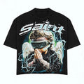 Black t-shirt with graphic design of a person in angelic attire and lightning effects on a white background.
