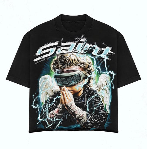 Black t-shirt with graphic design of a person in angelic attire and lightning effects on a white background.