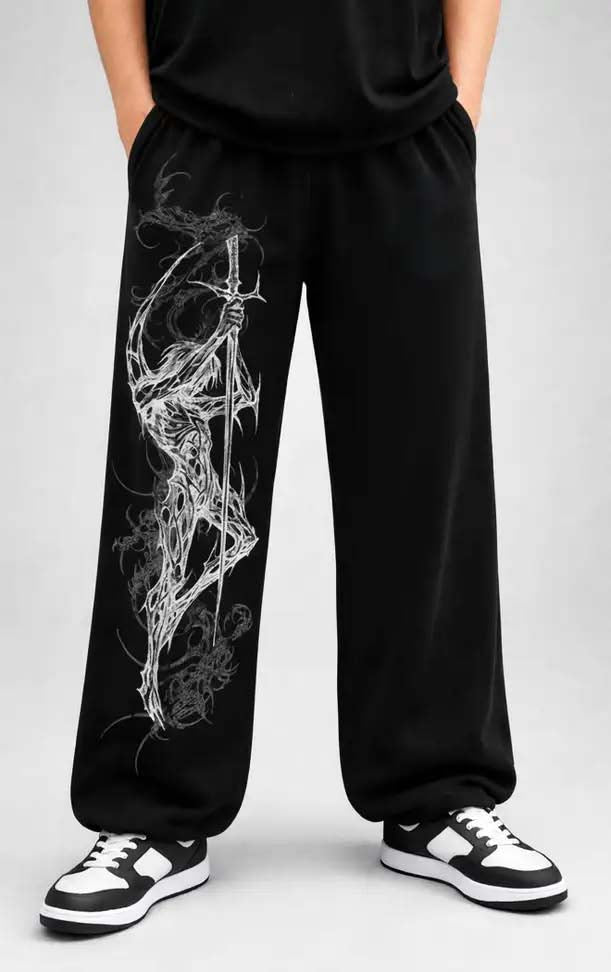 Gothic Sword Warrior Graphic Print Black Joggers | Streetwear