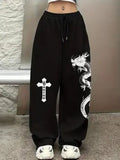 Dragon & Cross Graphic Print Black Joggers | Streetwear