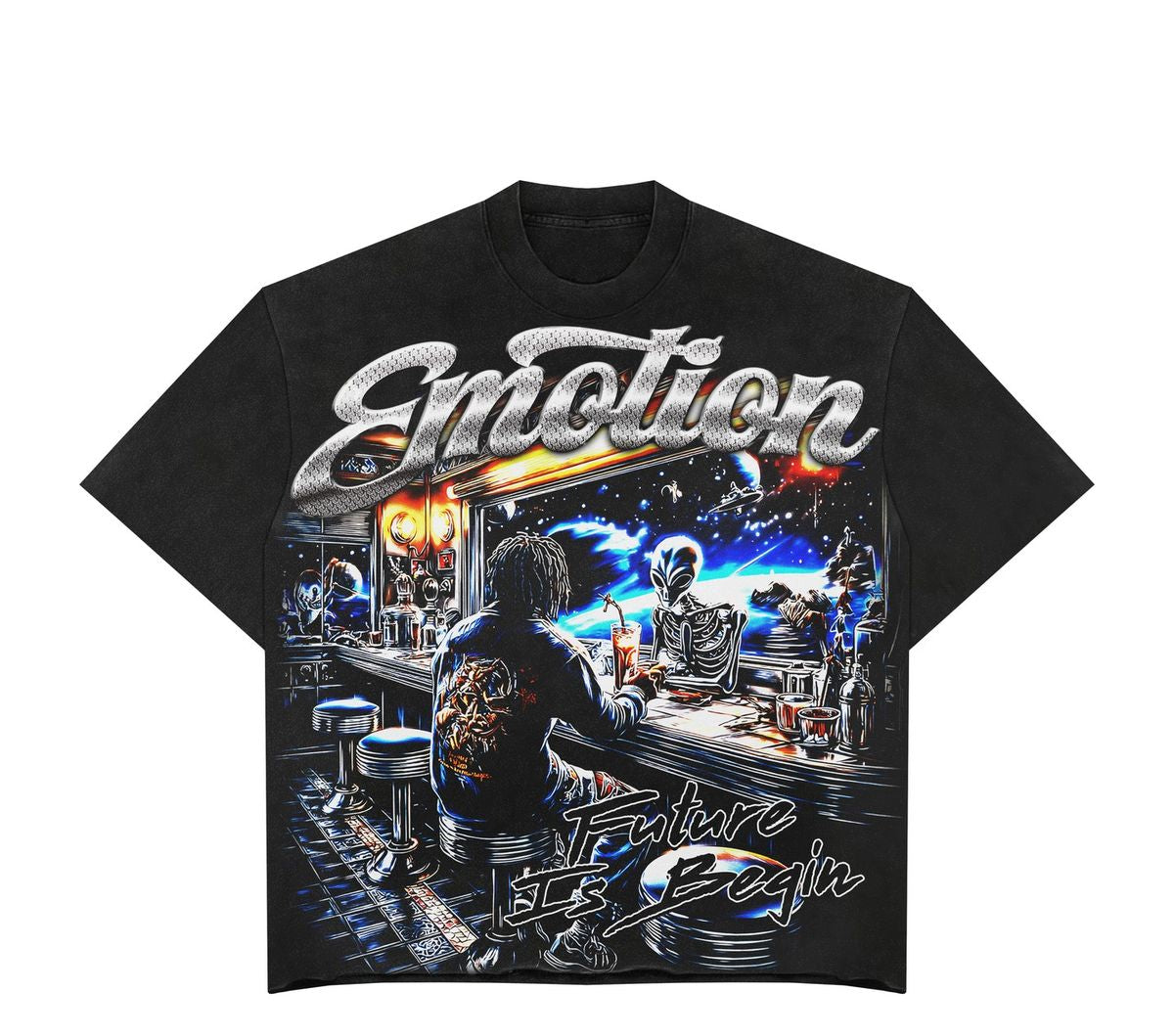 Emotion Future Is Begin Black Oversized Tee - Sci-Fi Alien Streetwear