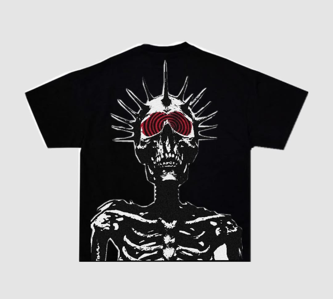 Black t-shirt with a skeleton design and 'Kreepsville' text on a light gray background