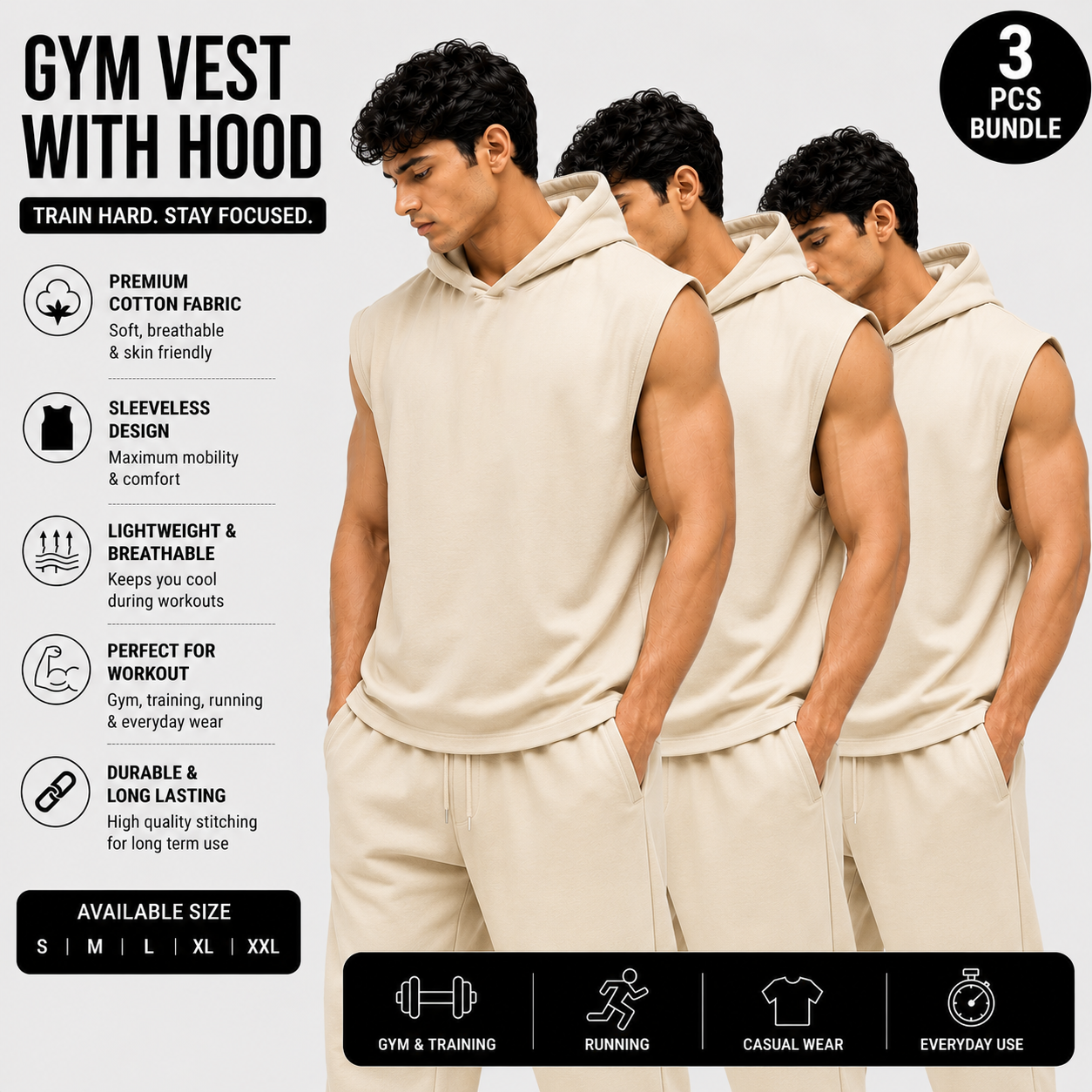Pack of 3 Gym Vests with Hoodie | Premium Cotton Sleeveless Hooded Gym Wear | Black Combo Pack
