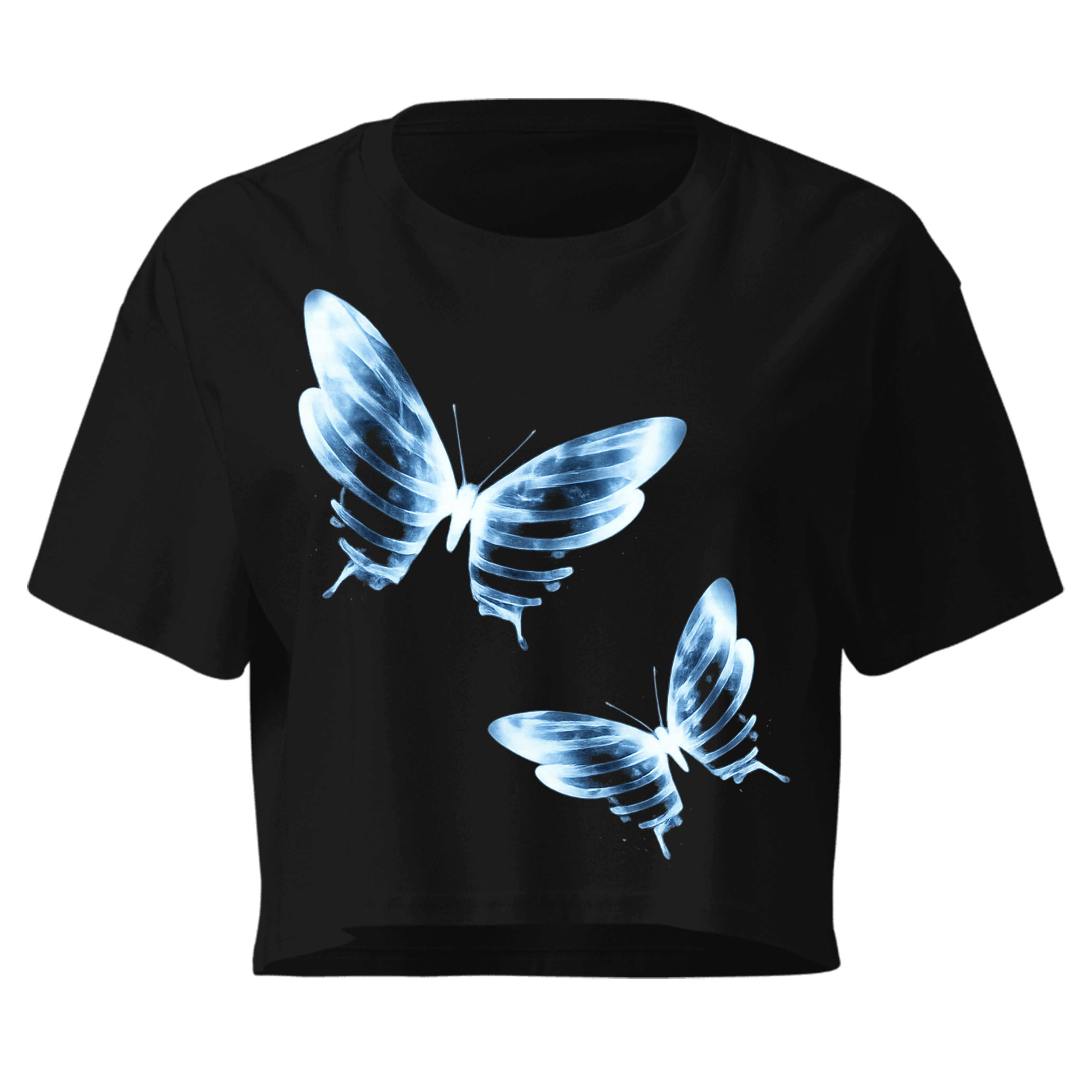 Blue Butterfly Graphic Women's Crop Top | Aesthetic Y2K Black Baby Tee