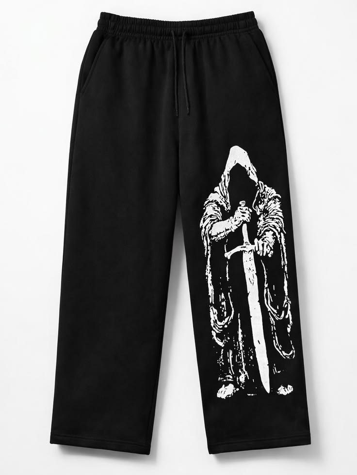 "Hooded Figure" Graphic Oversized Black Sweatpants