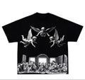 Black t-shirt with white graphic design on a white background