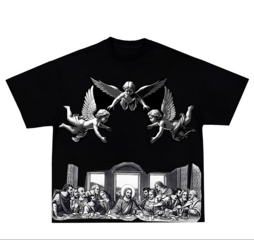 Black t-shirt with white graphic design on a white background