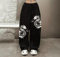White Dragon Graphic Print Black Joggers | Streetwear