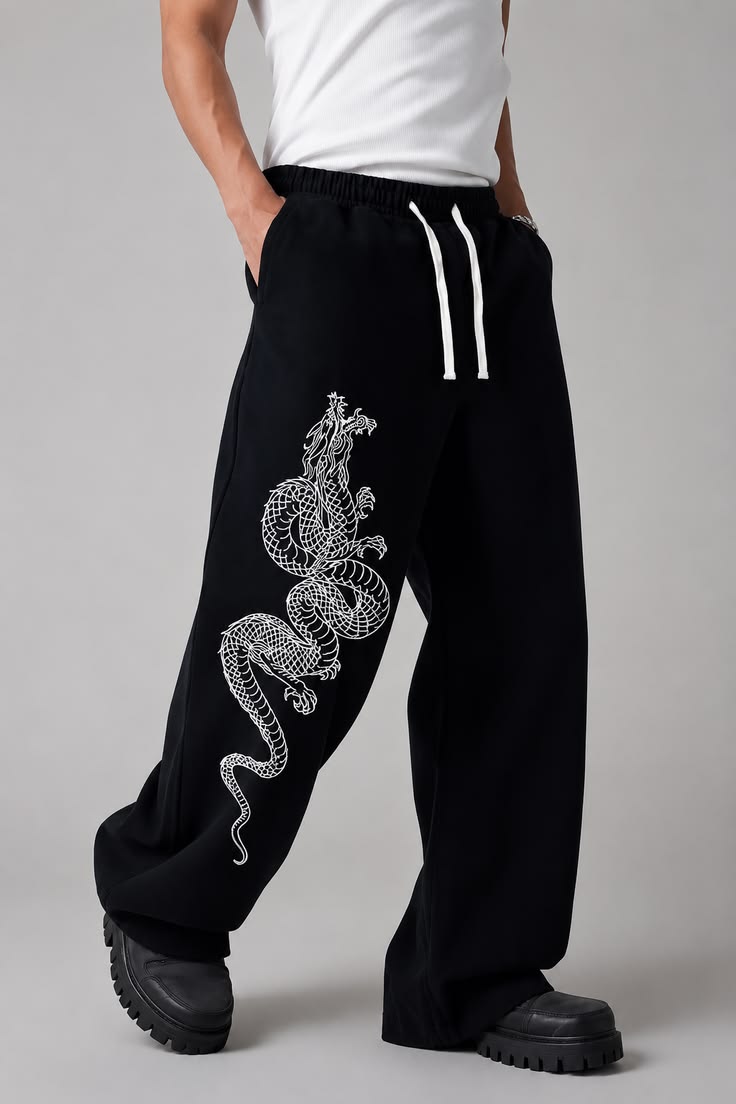 "Dragon Motif" Graphic Oversized Black Sweatpants