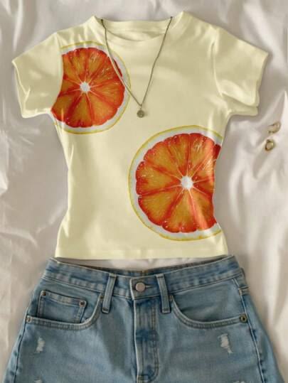 Citrus Slice Baby Tee for Women | Aesthetic Fruit Print Fitted T-Shirt