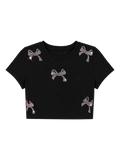 Y2K Pink Rhinestone Bow Crop Top - Black Coquette Aesthetic Baby Tee