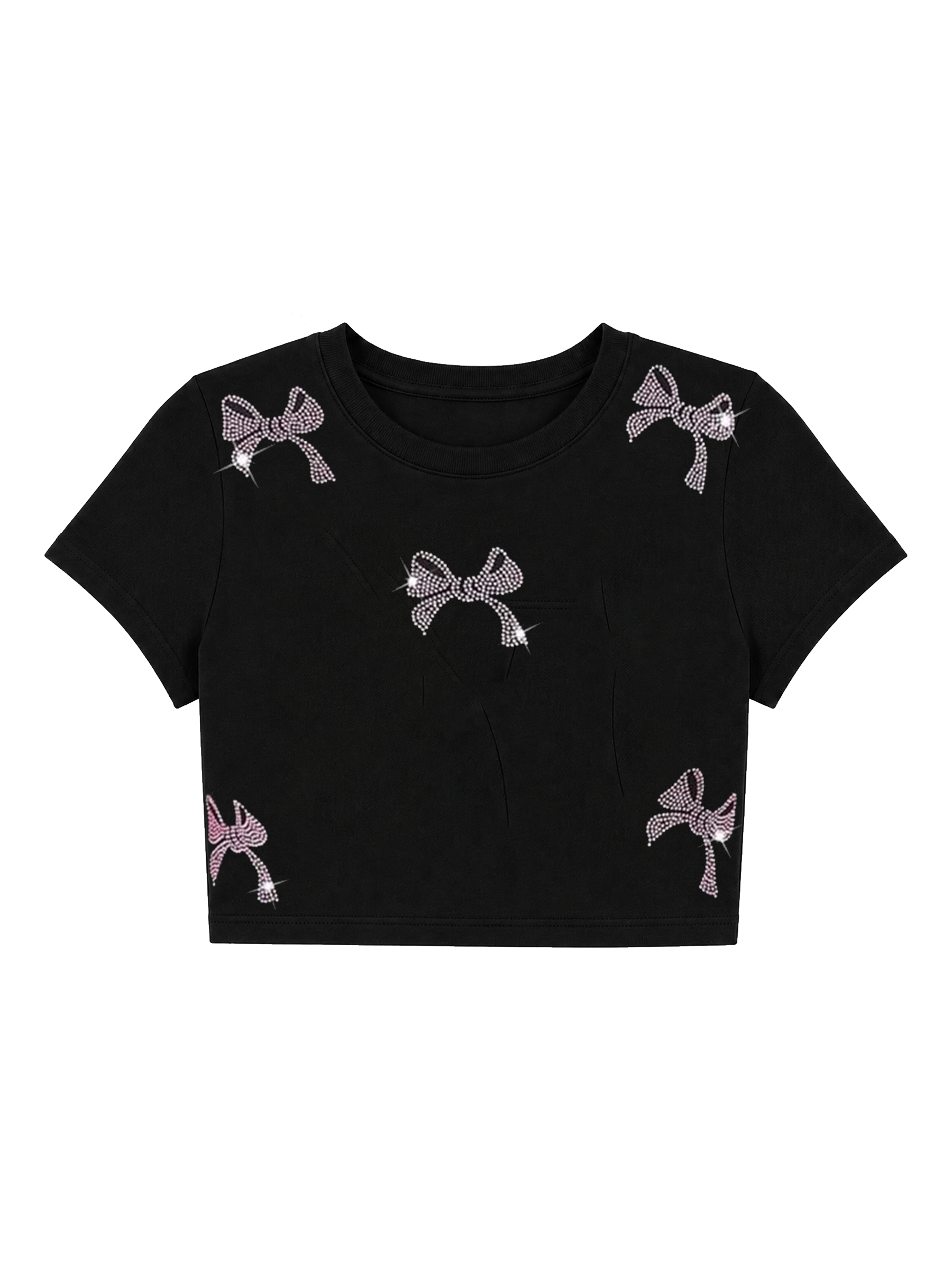 Y2K Pink Rhinestone Bow Crop Top - Black Coquette Aesthetic Baby Tee