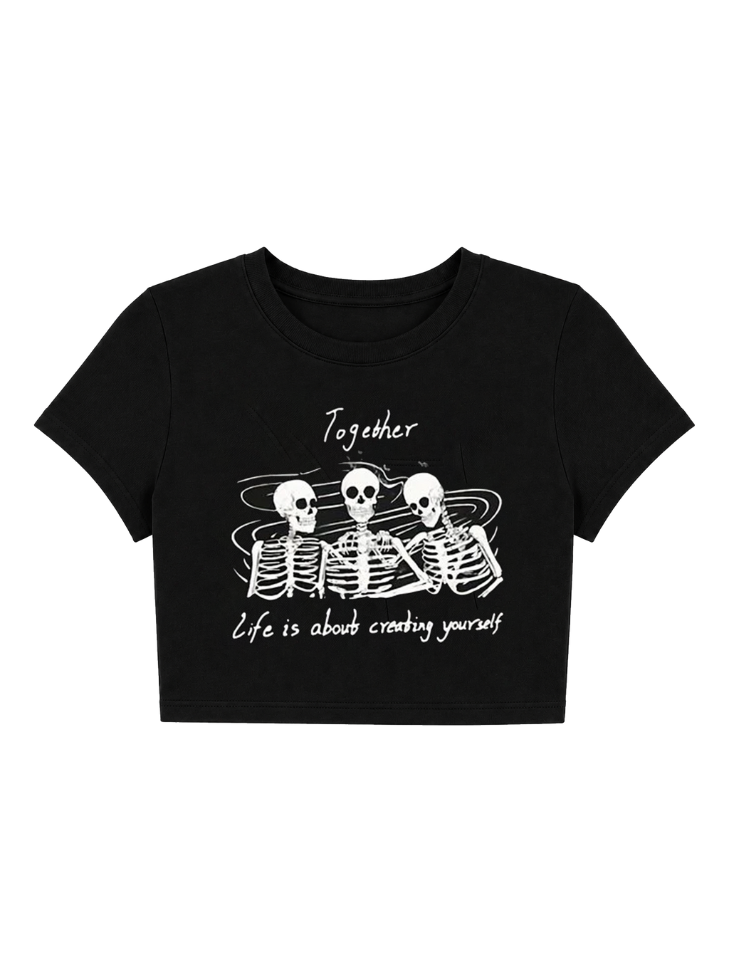 Wholesome Goth Skeleton Trio Quote Crop Top - Black Alt Graphic Baby Tee