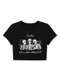 Wholesome Goth Skeleton Trio Quote Crop Top - Black Alt Graphic Baby Tee