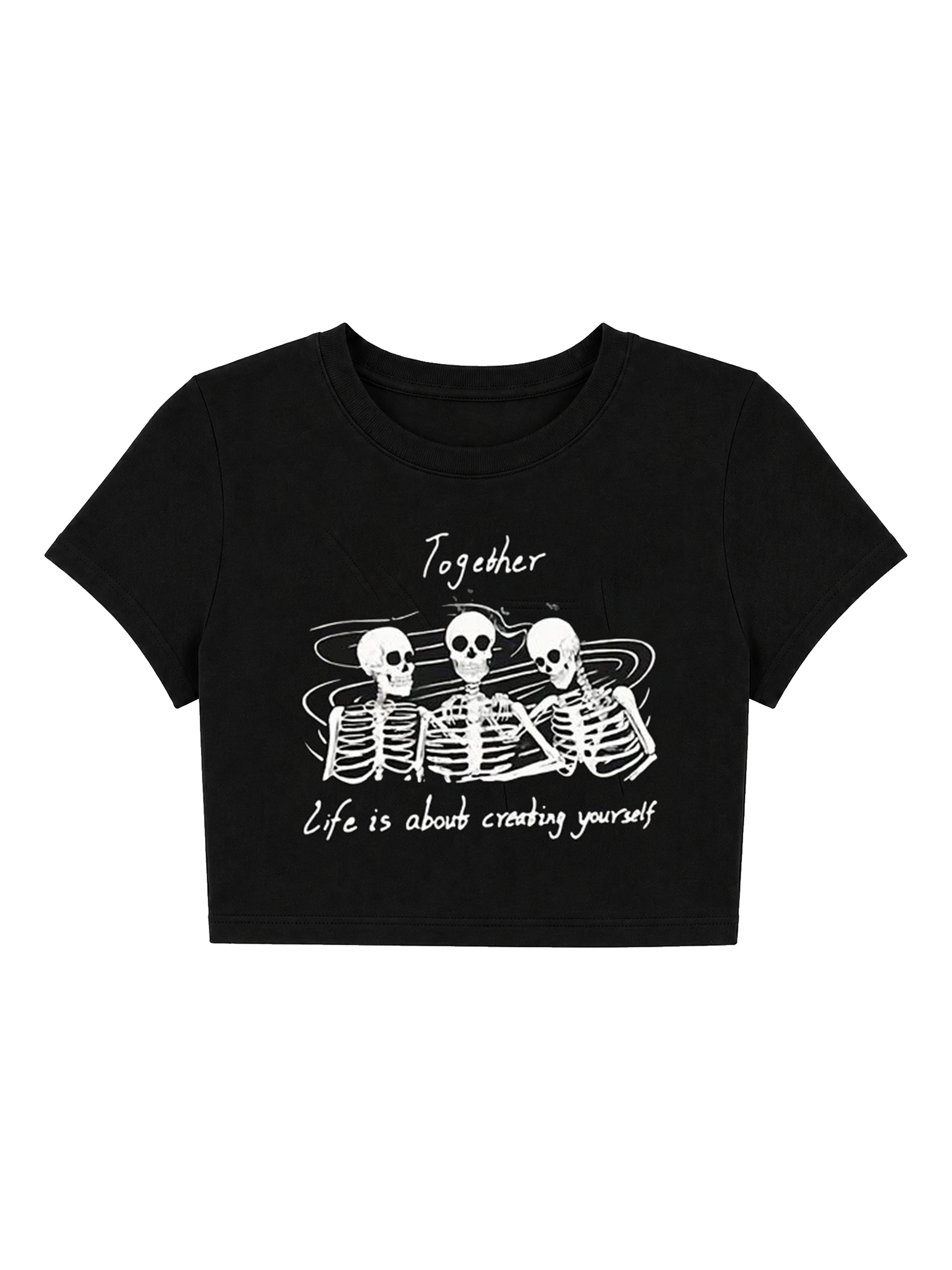 Wholesome Goth Skeleton Trio Quote Crop Top - Black Alt Graphic Baby Tee