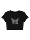 Y2K Silver Rhinestone Butterfly Crop Top - Black Glitter Graphic Baby Tee