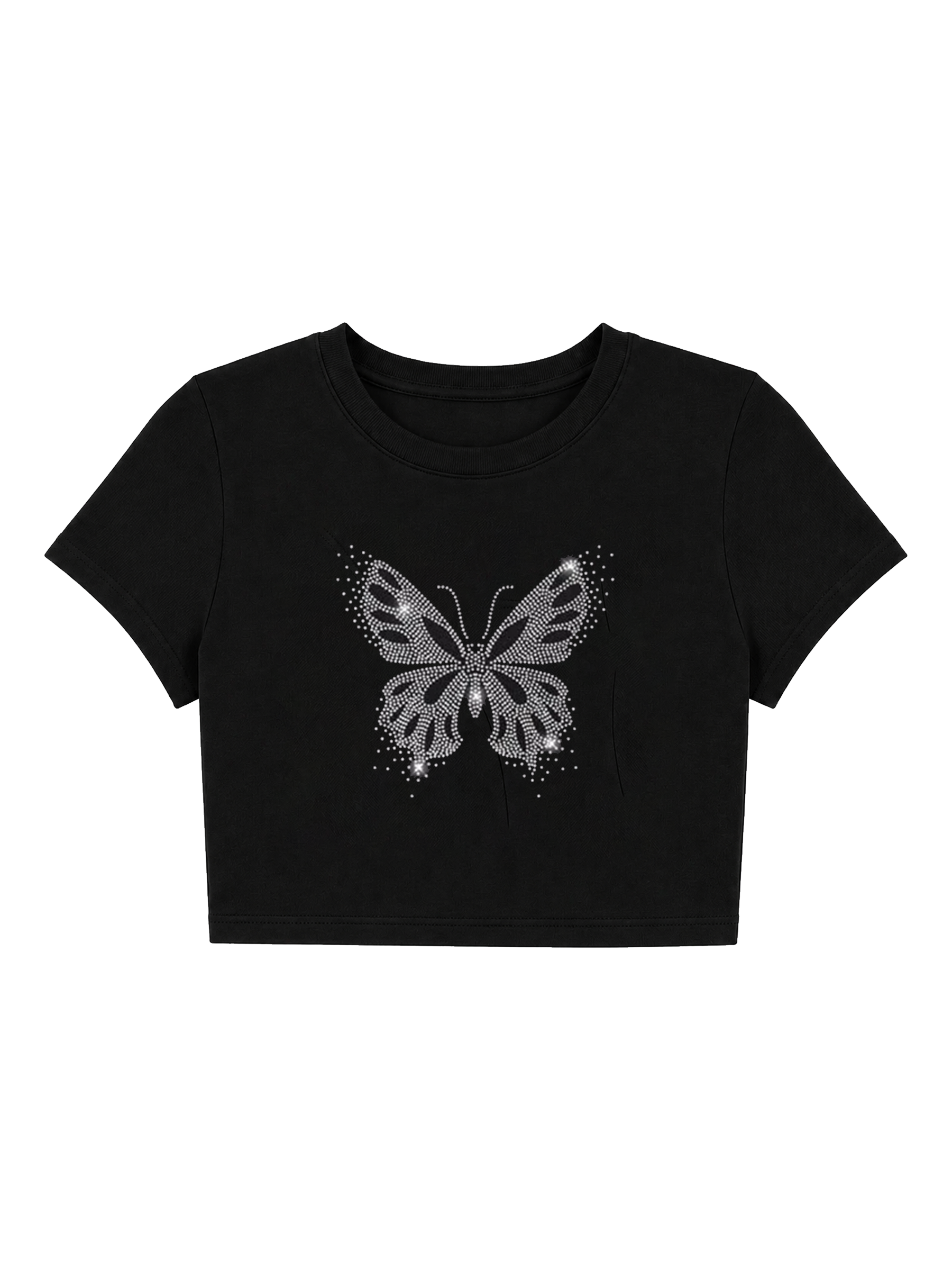 Y2K Silver Rhinestone Butterfly Crop Top - Black Glitter Graphic Baby Tee