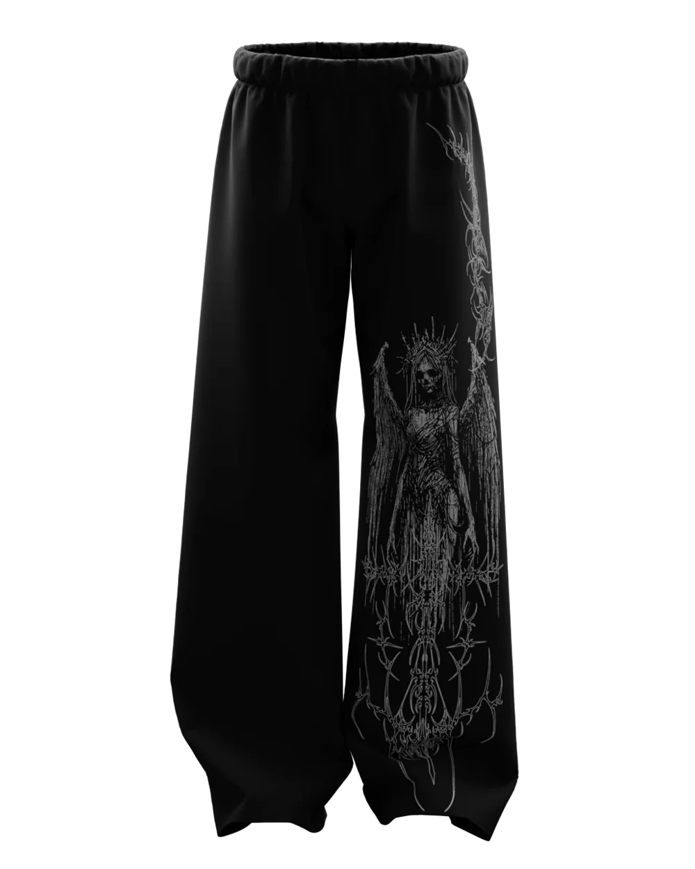 Black Gothic Angel Wide Leg Sweatpants – Oversized Dark Aesthetic Graphic Joggers