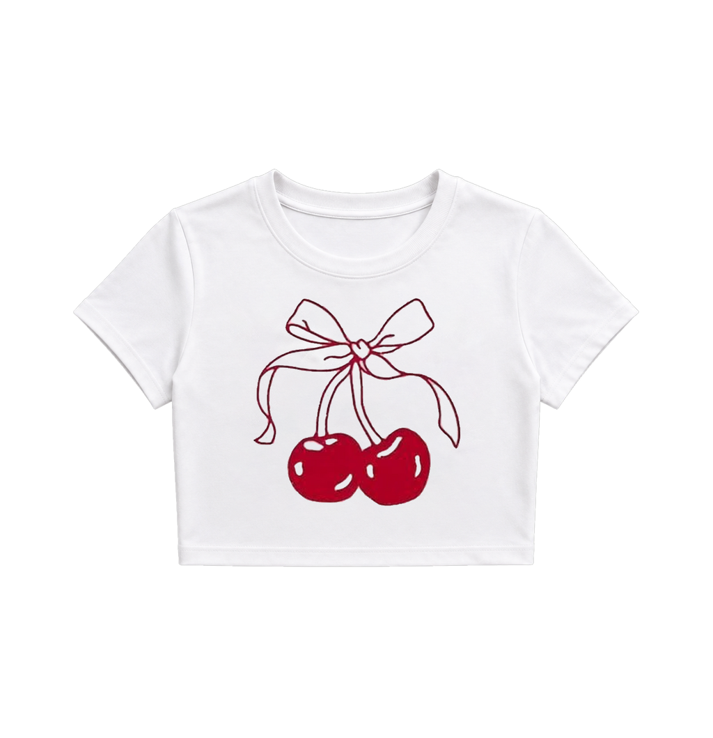Cute Cherry Bow Crop Top T-Shirt