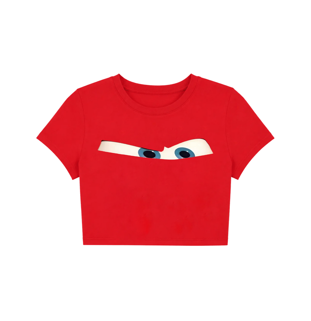Women's Red Cartoon Eyes Crop Top | Cute Graphic Slim Fit T-Shirt
